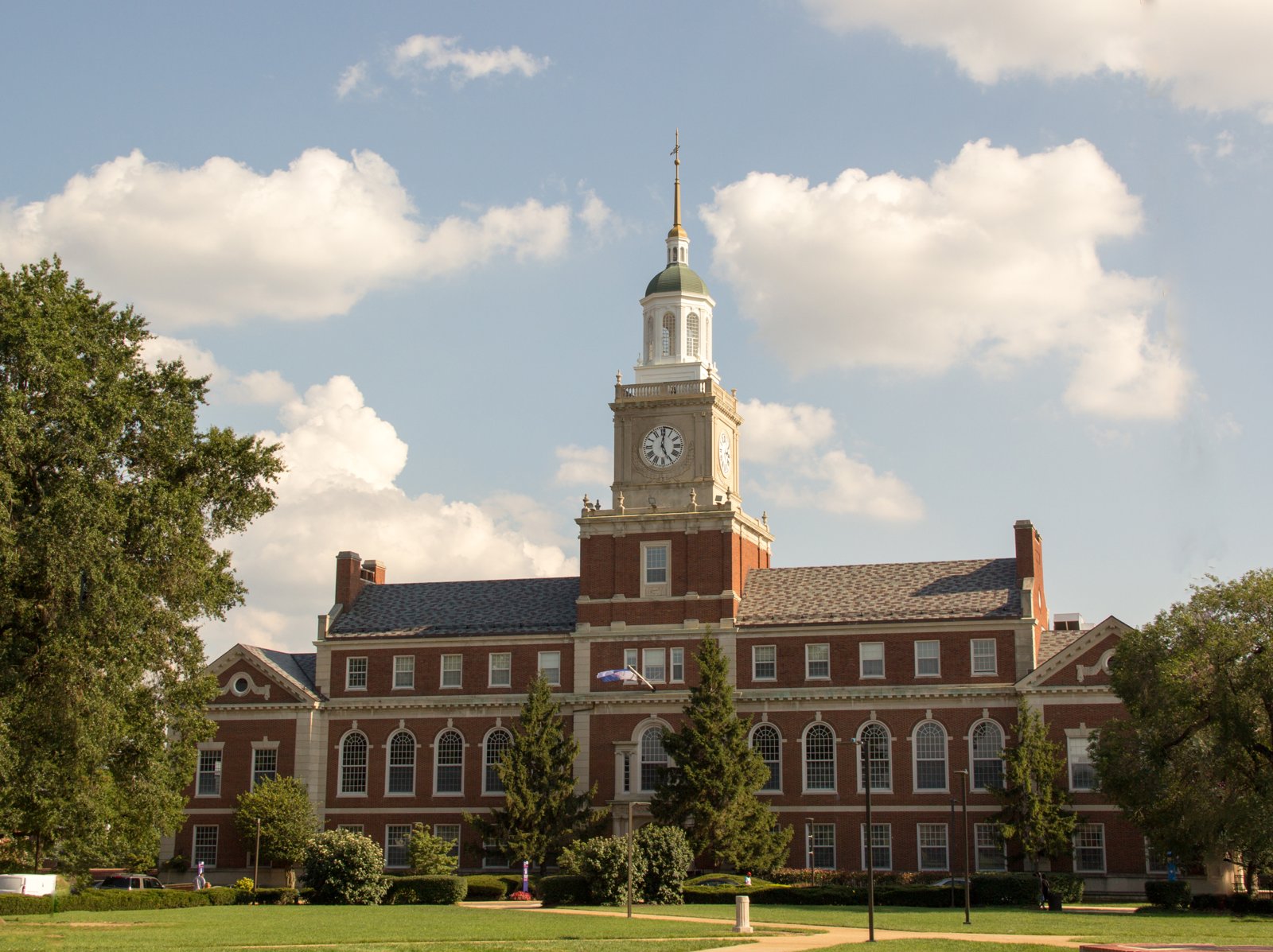 Founders Library and its clock tower overlooking the main yard at Howard University in Washington, DC