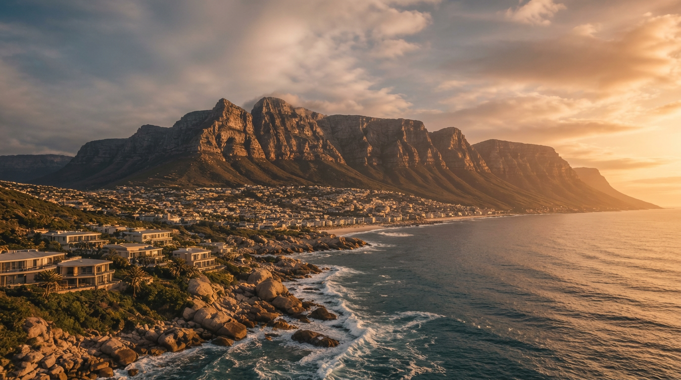 Golden-hour view of Cape Town's Atlantic seaboard: Table Mountain and the Twelve Apostles rising above the Camps Bay coastline, with the ocean and city lights below.