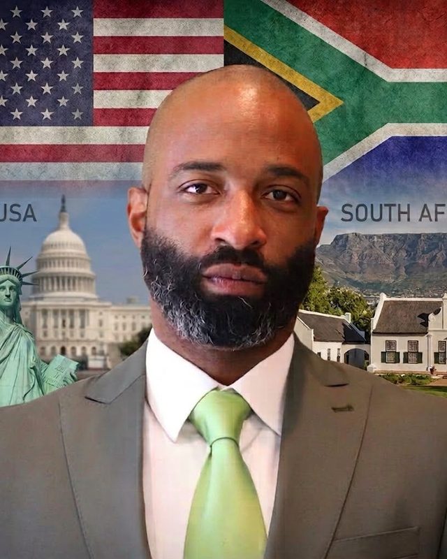 Chris Isaacs, Founder & Partner, in a grey suit with a light green tie, against a split USA and South Africa background.