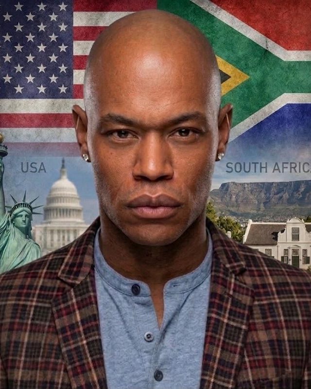 Sydney Hall, Founder & Partner, in a plaid blazer, against a split USA and South Africa background.
